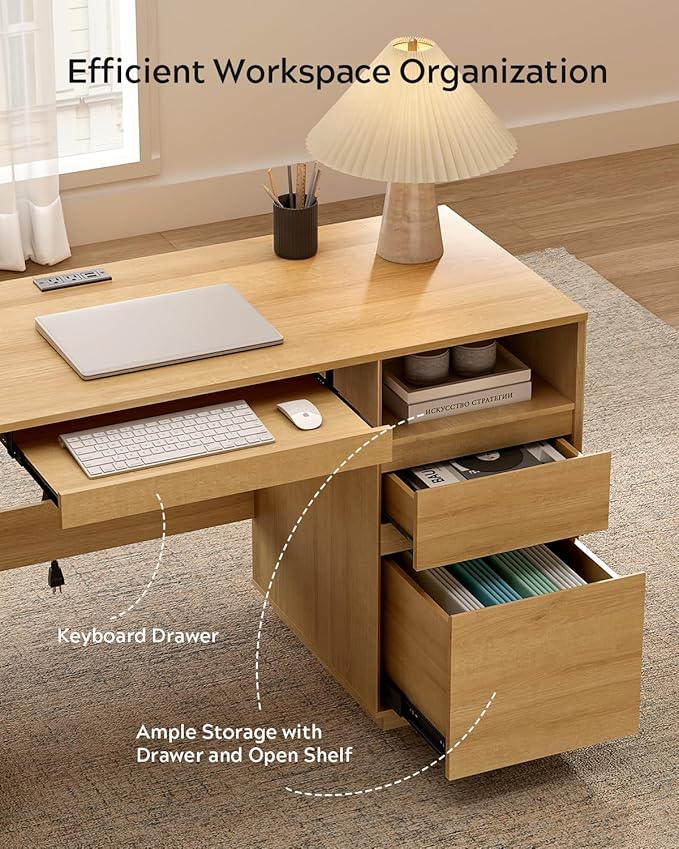 EYYTHUNG 59" Executive Desk, Farmhouse Large Home Office Desk with File Drawer & Outlet & Storage Cabinet, Wood Computer Desks with Keyboard Tray, Workspace for Study Writing, Natural Oak