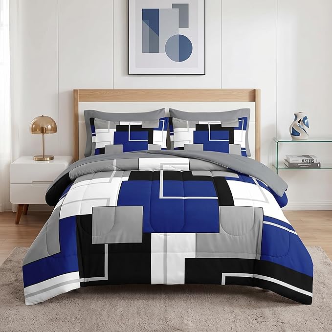Nesker Comforter Set Full Size, Blue Black Geometric 7 Pcs Bedding for Kids and Adults, Abstract Modern Grey Bed Sheet Sets with Fitted Sheet 2 Pillowcases & 2 Shams
