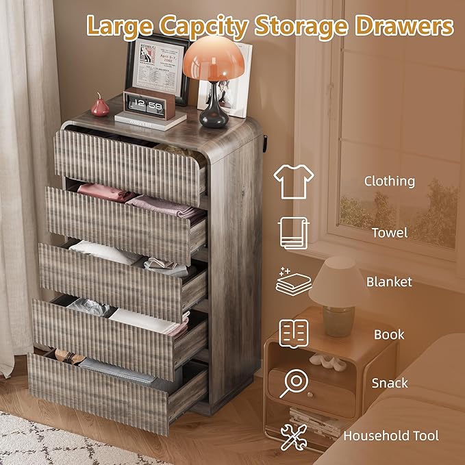 Grey Dresser Fluted Tall 5 Drawer Dresser for Bedroom, Wood Chest of Drawers with Hidden Handles & Rounded Corners, Modern Storage Cabinet and Organizer Drawers for Living Room, Hallway, Gray