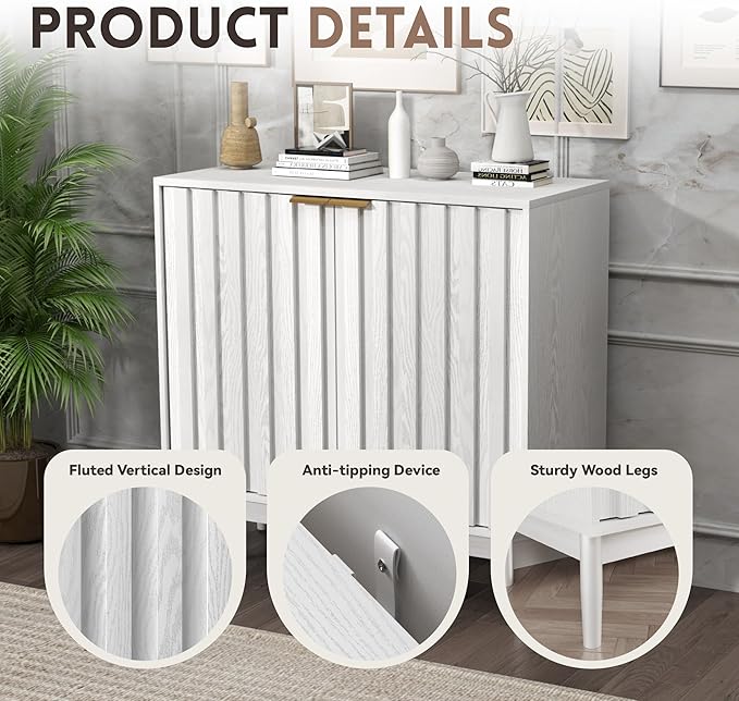 Fluted Cabinet with Storage, Buffet Cabinet Sideboard with Door, Kitchen Buffet Storage Accent Cabinets with Adjustable Shelves for Living Room, Entry, Hallway, White