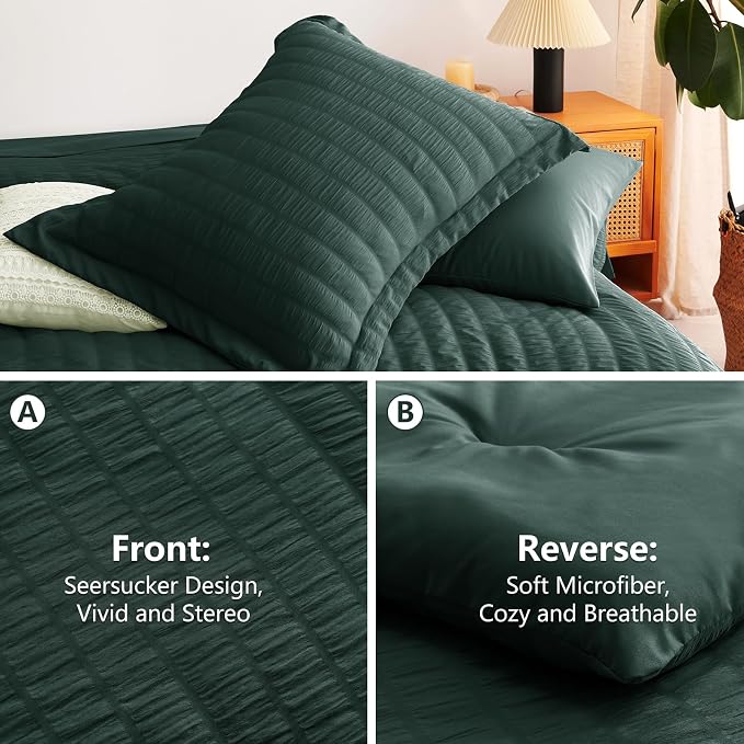 CozyLux Oversized King Comforter Set with Sheets, 7 Pieces 120"x98" Forest Green Seersucker Bed in a Bag, Luxury Bedding Sets with Down Alternative Comforter, Sheets, Pillowcases & Shams, Home Gift