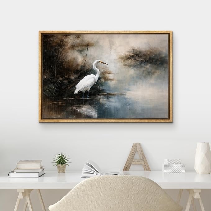 MUDECOR Framed Canvas Print Wall Art White Egret by Misty Waters Nature Landscape Illustrations Minimalism Decorative Bohemian Zen for Living Room, Bedroom, Office - 24"x36" NATURAL