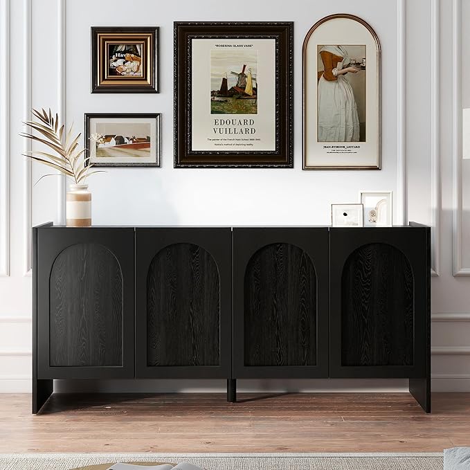 63" Sideboard Buffet Cabinet with Storage, 4 Door Solid Wood Veneer Sideboard Modern Arched Accent Cabinet with Adjustable Shelves, Large Credenza for Living Room,Kitchen,Entryway(Black)