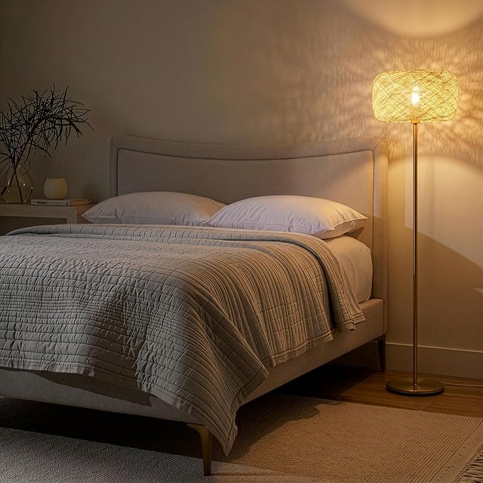 Brightech Rowan Elegant Floor Lamp – Modern Unique Thread Shade Matches Boho, and Mid-Century Décor – Free Standing LED Light for Living Rooms and Bedrooms – Tall Indoor Lamp Gets Compliments - Brass