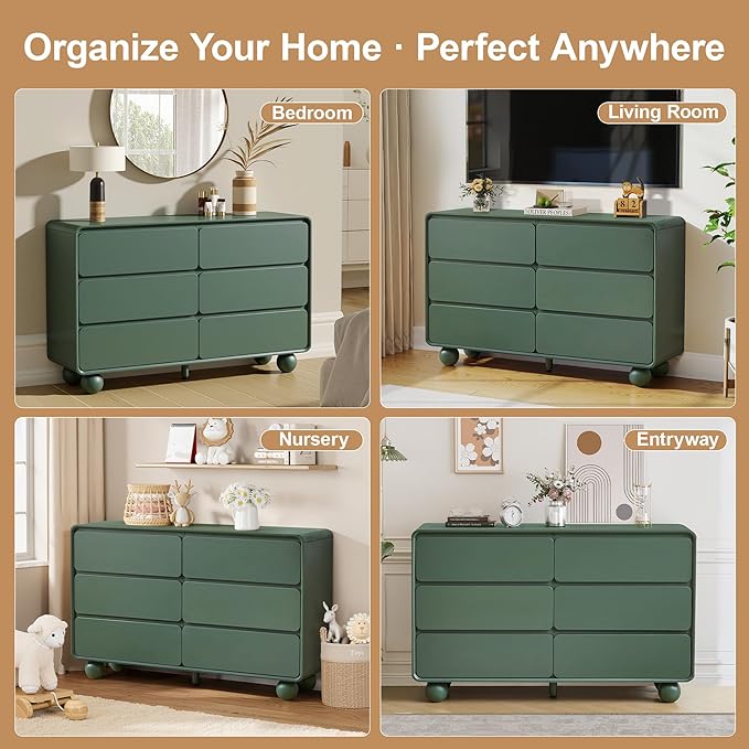 AVZEAR Modern 6 Drawer Green Dresser for Kids Bedroom, 48" Wide Wooden Dresser Chest of Drawers, Handle Free & Curved Profile Design, Mid Century Closet Clothes Storage Organizer for Living Room