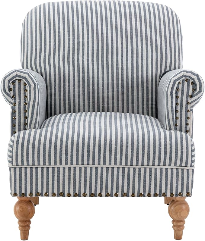 chairus Linen Accent Chair for Living Room Upholstered Mid Century Modern Single Sofa Chair with Solid Wood Legs Comfy Reading Chair Armchair for Bedroom/Office Room/Recption/Lounge, Blue Stripe