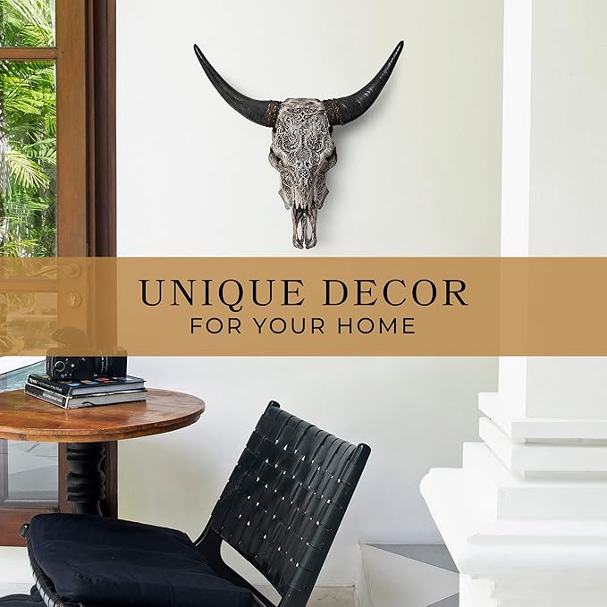 Skull Bliss - Hand-Carved Real Authentic Taxidermy Cow Skull/Bull Skull Wall Decor with Horns/Real Animal Cow Skull Wall Decor (Standard Horns)