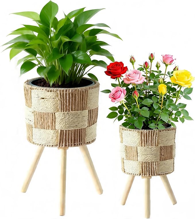 Boho Rattan Plant Stand Set of 2 – Handwoven Wicker Mid-Century Modern Floor Planter Stand for Indoor Plants, Large Farmhouse Decor, Sturdy Wood & Rope Design, Housewarming Gift