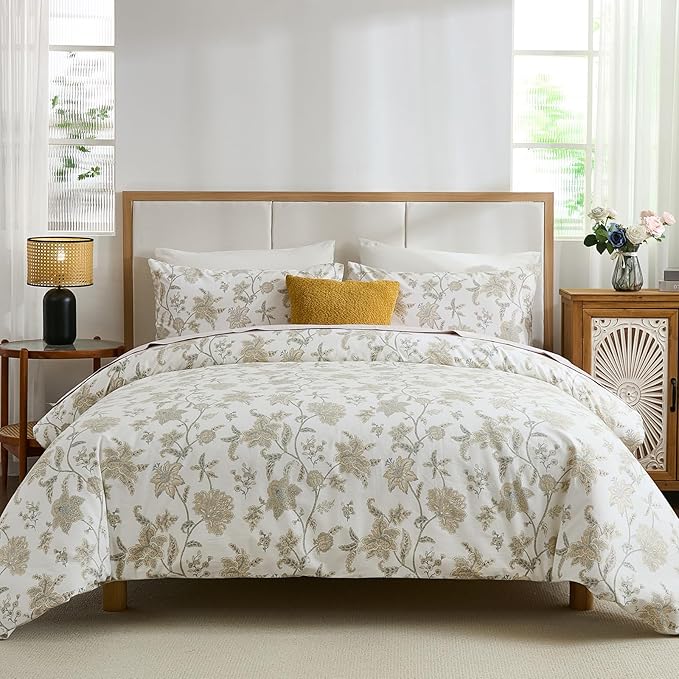 Cozeline 100% Cotton Duvet Cover King Size, Yellow Floral Bedding Set with Zipper Closure, 3 Pcs Breathable and Soft Chic Botanical Duvet Cover for All Season