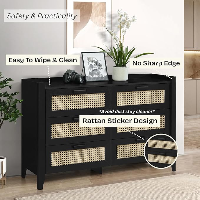 ELISA HOME Rattan-Inspired 6 Drawer Dresser for Bedroom, 47.2″ W Modern Wide Chest of Drawers, Wood Storage Organizer for Clothes, Entryway, Hallway, Nursery or Living Room, Black