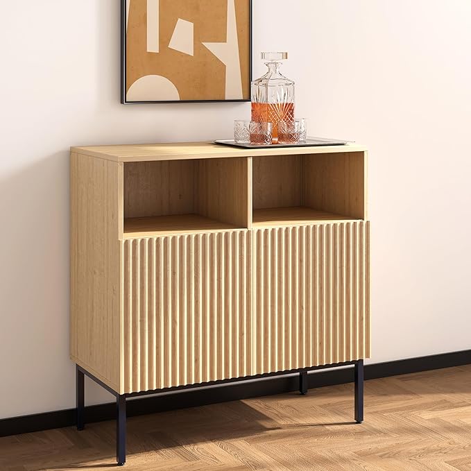 Oxford Fluted Storage Cabinet, Sideboard Buffet Credenza with Doors, Accent Console for Living Dining Room, Entryway, Natural Oak