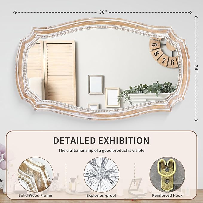 36x24 Inches Rustic Scalloped Wall Mirror, Baroque Irregular Curved Shape with Beaded, Distressed Wooden Decorative Hanging Mirror for Living Room, Bedroom, Entryway - Horizontal or Vertical