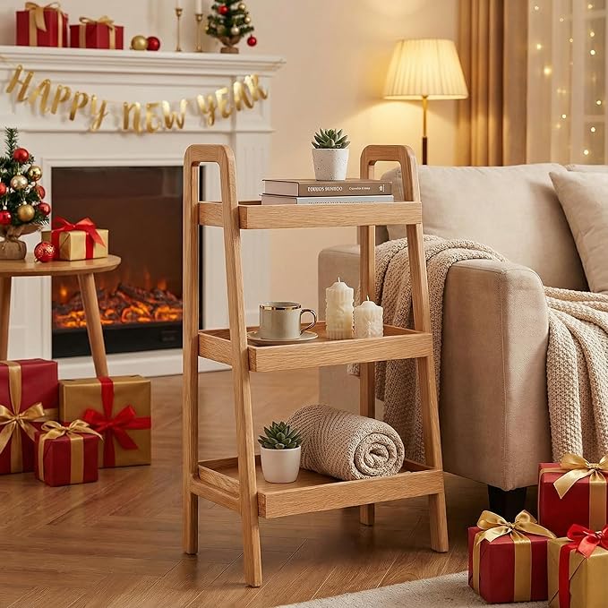 100% Solid Oak 3 Tier Ladder Shelf, Small Bookshelf, Ladder Bookshelf, Bookcase with Stable Frame, Small Table for Living Room Bedroom(Natural, 12.6" L x 17.72" W x 31.5" H)