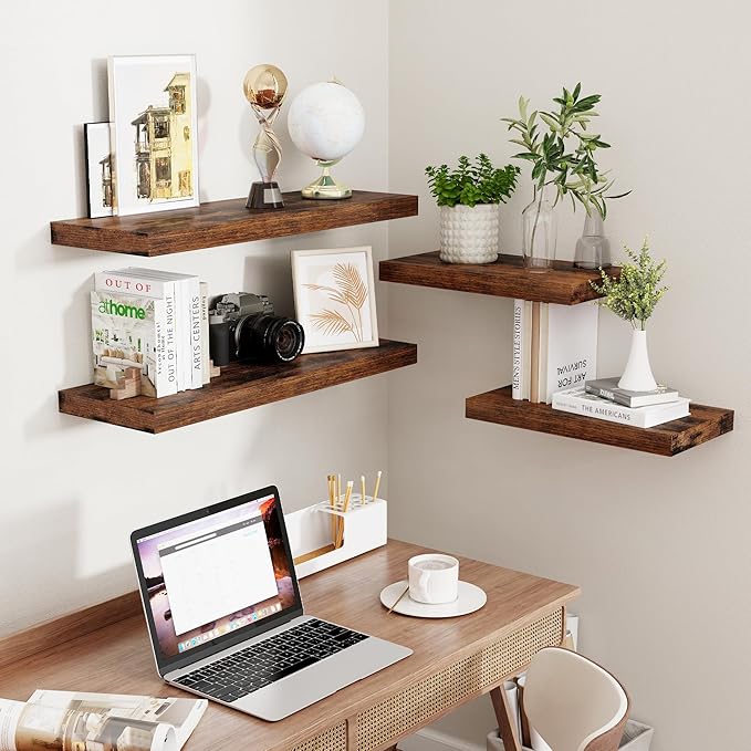 Fun Memories 32" W x 9.3" D Floating Shelves, Rustic Wood Deep Shelves for Bedroom, Kitchen, Living Room, Long Floating Shelf for Wall, Storage Display Wall Shelf for Books Decor, Rustic Brown