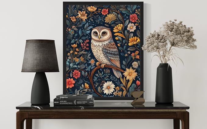 Owl Art Print Poster, William Morris Style Retro Mid Century Botanical Victorian Dark Academia Gothic Decor Gallery 10b (Owl, 11 x 14 inches, Black Frame)
