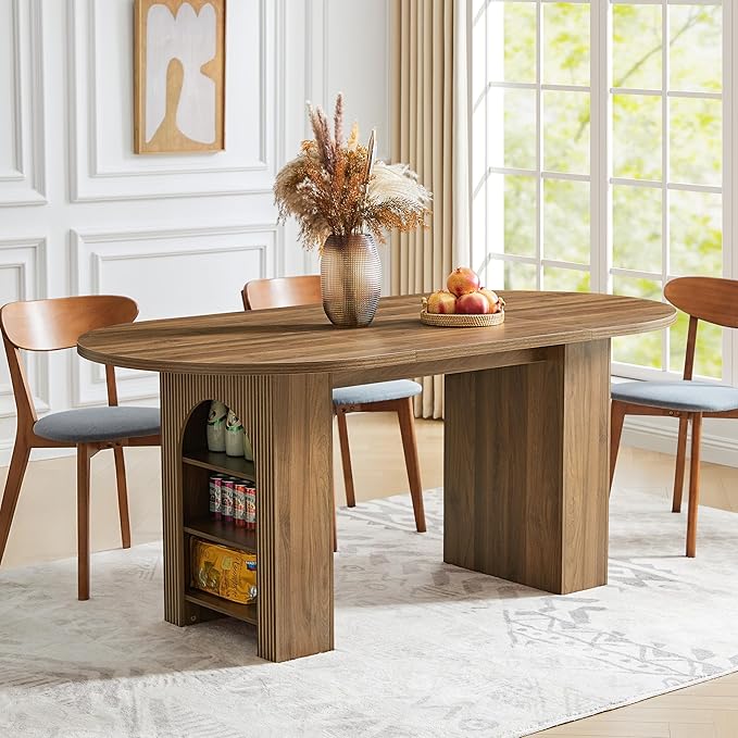 70.8" Oval Dining Table with Dual Side Storage Shelves, Rustic Farmhouse Table for 4–6 People, Modern Wooden Round Dinner Table for Kitchen, Reception, or Living Room (Walnut, Table Only)