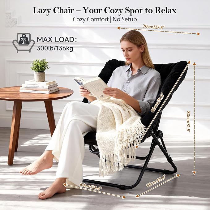 Furlide Saucer Chair, Comfy Bedroom Chairs, Oversized Folding Faux Fur Chair, Foldable Metal Frame Chair for Bedroom, Patio, Study, Playroom (Black)
