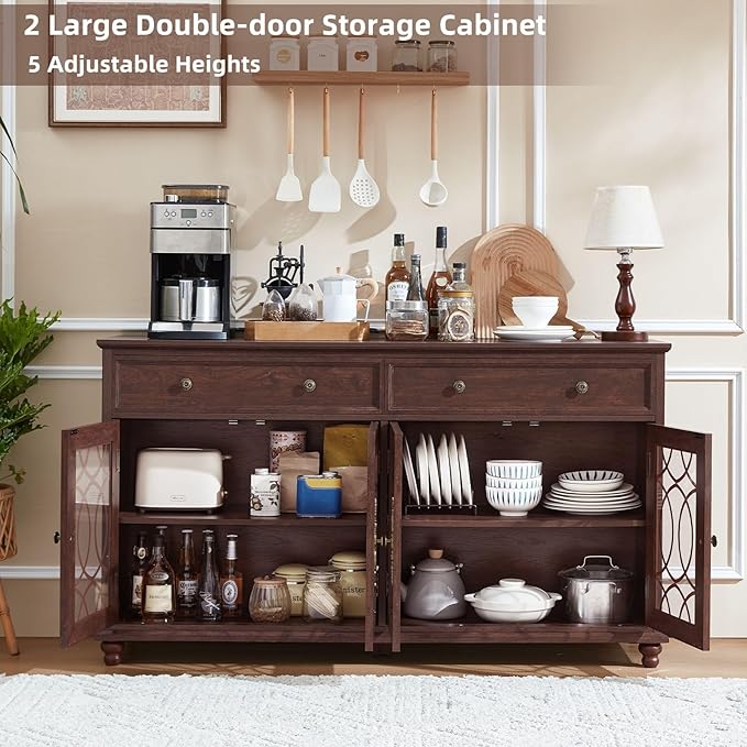 Farmhouse Sideboard Buffet Cabinet with Storage,59" Large Credenza with 4 Glass Doors & 2 Drawers,Adjustable Shelves Console Table,Wood Kitchen Coffee Bar for Dining Room,Living Room,Walnut
