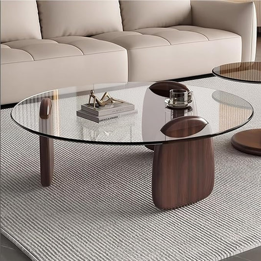 EASYSOUL Modern Round Coffee Table with Glass Top, 27.56" D x 27.56" W x 14.69" H, Circular Tea Tables for Living Room Home Office Industrial Cocktail Tables (Walunt-Clear Glass/27.56")