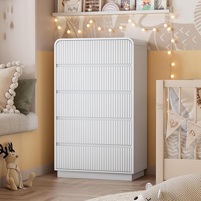 White Dresser Fluted Tall 5 Drawer Dresser for Bedroom, Wood Chest of Drawers with Hidden Handles & Rounded Corners, Modern Storage Cabinet and Organizer Drawers for Living Room, Hallway