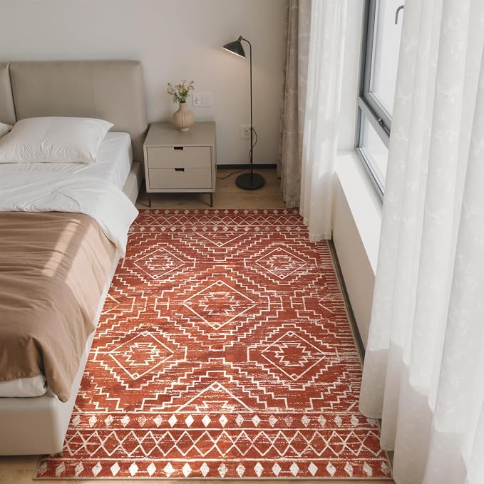 Wonnitar Moroccan 4x6 Bedroom Area Rug, Washable Soft Rug for Living Room, Non-Slip Bohemian Large Rug Non-Shedding Low Pile Floor Carpet for Kitchen Guest Room Entrance (Brown,4'x6')