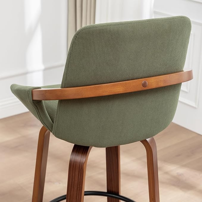 LUNLING 25.6" Counter Height Bar Stools Mid Century Modern Retro Bar Chairs Green Modern Corduroy Fabric Upholstered Barstools and Walnut Wood Frame for Home Bar Furniture,Green,1PCS