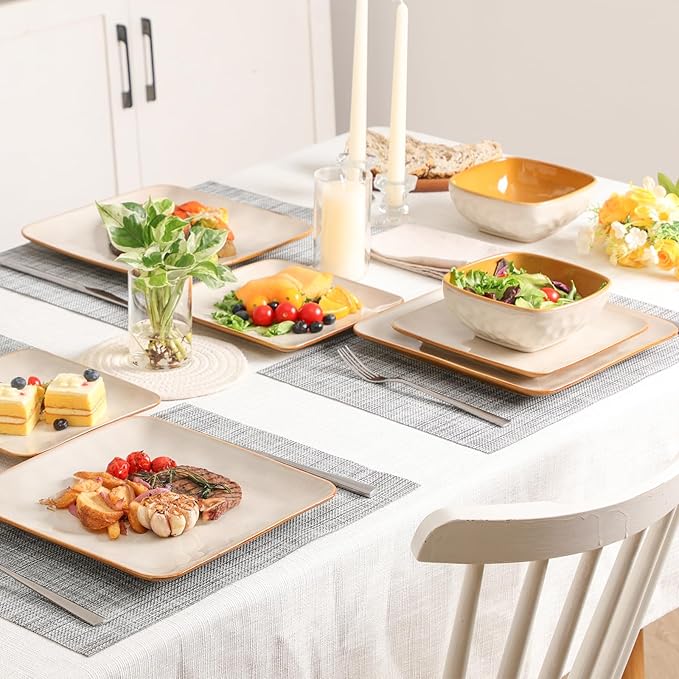 vicrays Ceramic Square 12 Pieces Dinnerware Set - Dinner Plates Salad Plates Cereal Bowls Set Service for 4 - Scratch Resistant Microwave Oven Dishwasher Safe - Beige