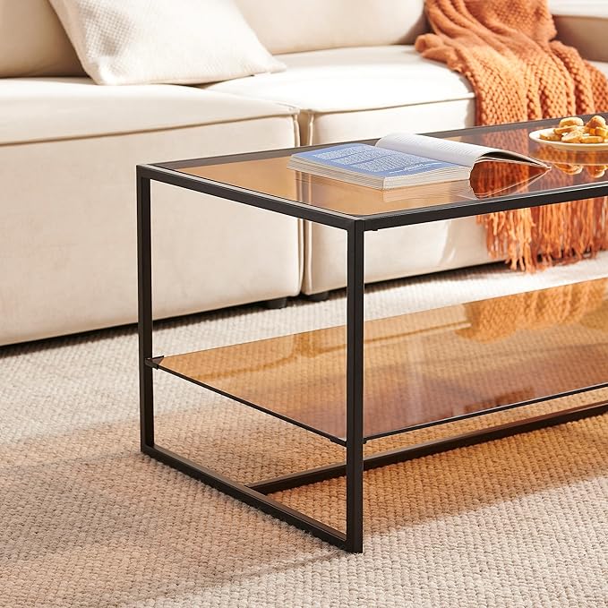 Shrine Brown Glass Coffee Table, Modern Design, Dual-Layer Coffee Table for Living Room, Black-Plated Metal Frame, Brown Glass Top