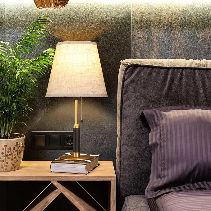 18.9" Modern Mid Century Table Lamp Pull Chain Bedside Lamps for Nightstand Lamp for Bedroom Living Room 3-Color Light Solid Wood/Metal/Fabric for Home Office Dorm Decor (Light Brown+Brass)