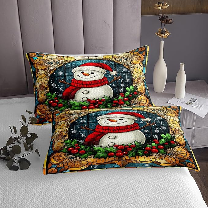 Cartoon Snowman Kid Bedspread Queen Size,Merry Christmas Happy New Year Snowflake Coverlet Set,Boys Girls Room Decor,Poinsettia Flower Plaids Quilted Coverlet,Xmas Cute Bedding Quilt,2 Pillowcases