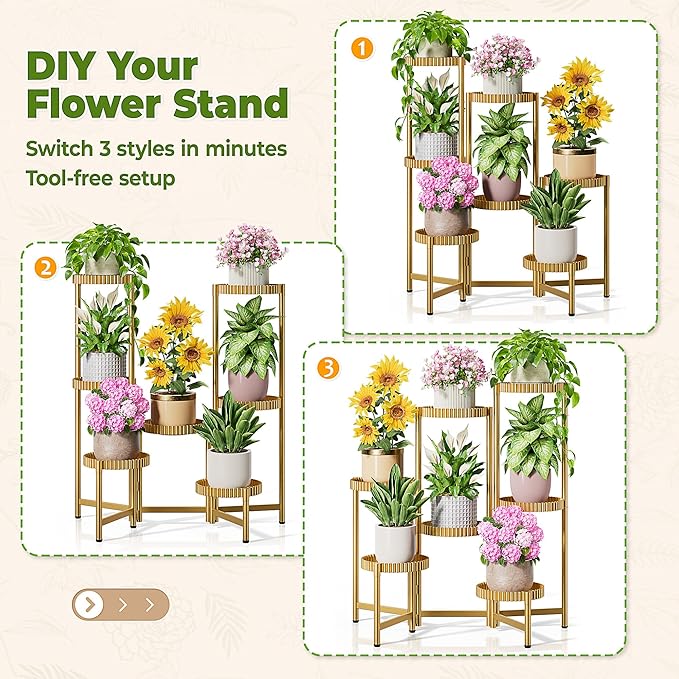 7 Tier Large Tiered Plant Stand Indoor, 7.9 Inch Wide Tall Corner Metal Plant Stands Outdoor for Multiple Plants, Flodable Tall Flower Display Holder Rack Shelf for Patio Balcony House -GoldFloroma