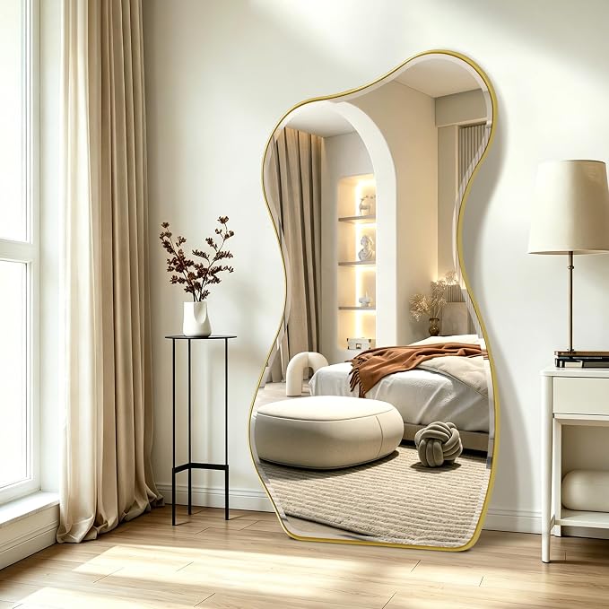 POZINO Irregular Beveled Mirror Full Length, 66.8"x33.5" Asymmetrical Aesthetic Wall Mirror with Metal Frame, Large Organic Floor Mirrors for Entryway Bedroom Living Room Cloakroom, Leaning/Wall-Mount