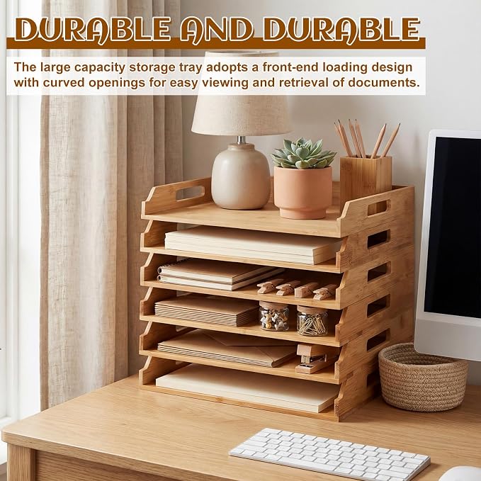 AceOrbit 6 Pcs Stackable Paper Tray Bamboo Wood Desk Organizer Letter Tray 6 Tier Wooden File Organizer Desk Shelf for Documents, Letter Sorter, Envelopes and Magazine Holder