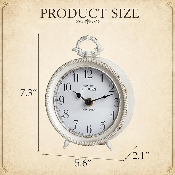 NIKKY HOME Table Clock, Vintage Desk Clock, Antique White Finish Table Clocks, Non-Ticking Battery Operated Decorative Shelf Clock for Living Room Bedroom Gift Clocks