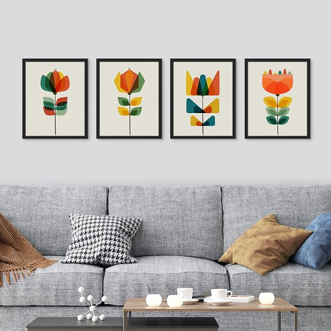 SIGNWIN Framed Mid-Century Modern Retro Botanical Flower Garden Wall Art, Set of 4 Abstract Geometric Wall Decor Prints, Nature Wilderness Wall Décor for Living Room, Bedroom - 12"x16" Black