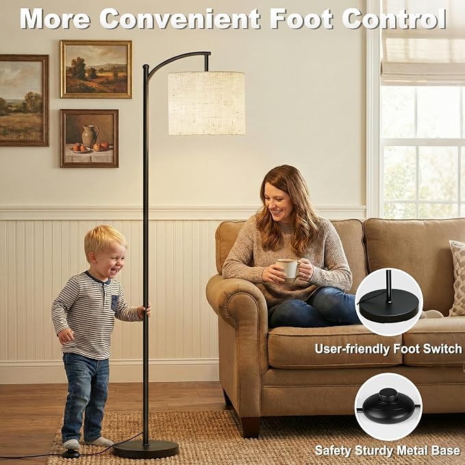 mukuxin Floor Lamp, LED Floor Lamp with Foot Switch & Adjustable Linen Lampshade, Tall Modern ARC Standing Lamps for Living Room Office Bedroom (9W Replaceable Blub)