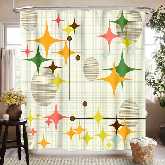 Mid Century Modern Shower Curtain for Bathroom, Rustic Pink Orange Stars Abstract Geometric Atomic Vintage 1950s 1960s Waterproof Fabric Shower Curtain Set with Hooks, 72"x84"
