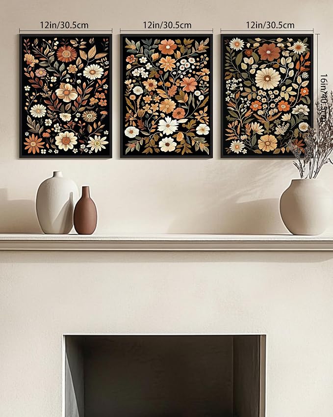 KUVIOKE Orange Vintage Flower Framed Wall Art Boho Floral Wall Decor Retro Wildflower Modern Art Prints for Living Room Bedroom 12x16in (Black Framed)