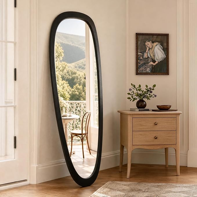 60''x22'' Asymmetrical Mirror with Black Wood Frame, Extra Large Teardrop Shaped Wall Decor, HD Tempered Glass Vanity Mirrors for Living Room, Horizontal Vertical Hanging, Black