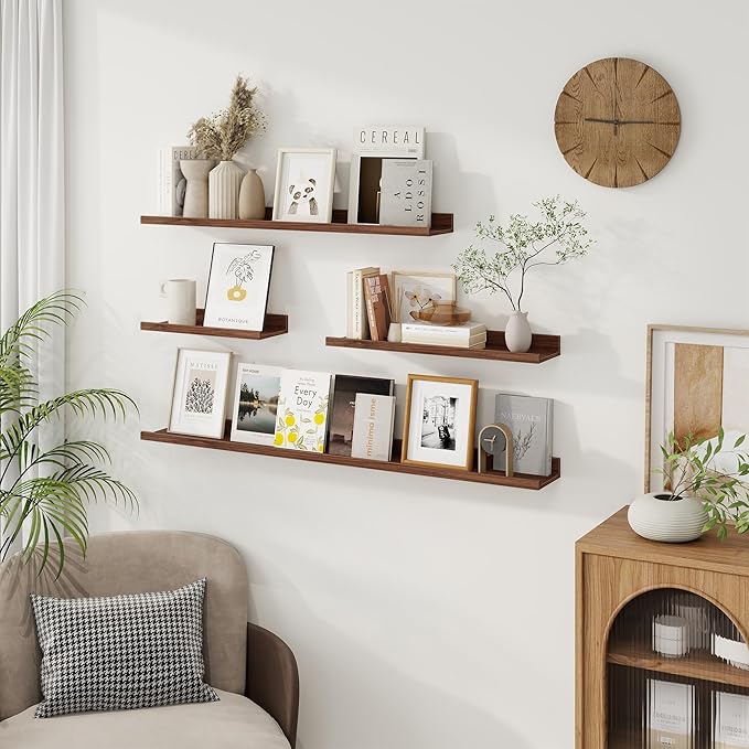 Axeman Picture Ledge Shelf | 16 Inch Walnut Floating Shelves Set of 3 | Rustic Wood Wall Shelves with Lip | 16" Walnut Picture Shelf for Wall with Ledge | Photo Shelves
