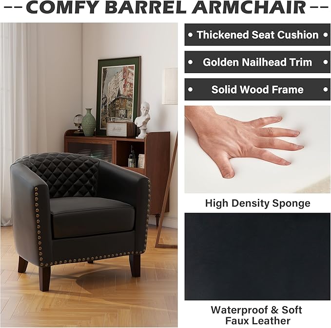 UIXE Faux Leather Barrel Accent Chairs Set of 4, Modern Club Upholstered Arm Chair, Comfy Armchair Nailed Trim Living Room Single Sofa Reading Seat Bedroom Side Sitting for Office, Black