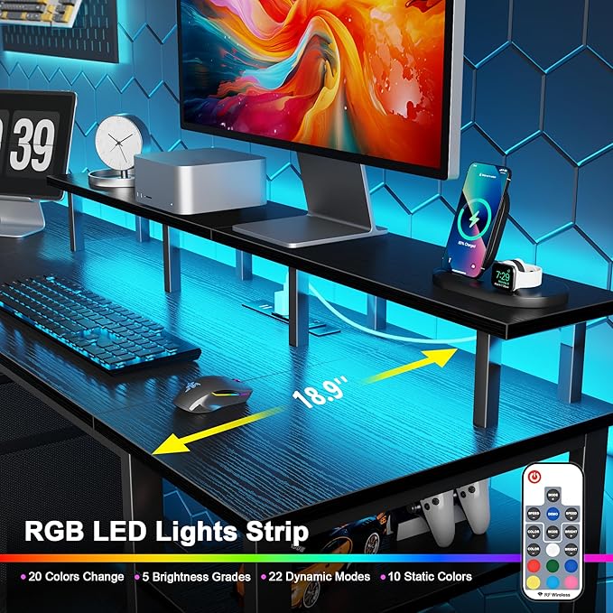 Furologee 61" Gaming Desk with Power Outlets & LED Lights, Reversible Computer Desk with File Cabinet & Monitor Stand for Home Office, Large Work Table with Storage Shelves & Drawer, Black