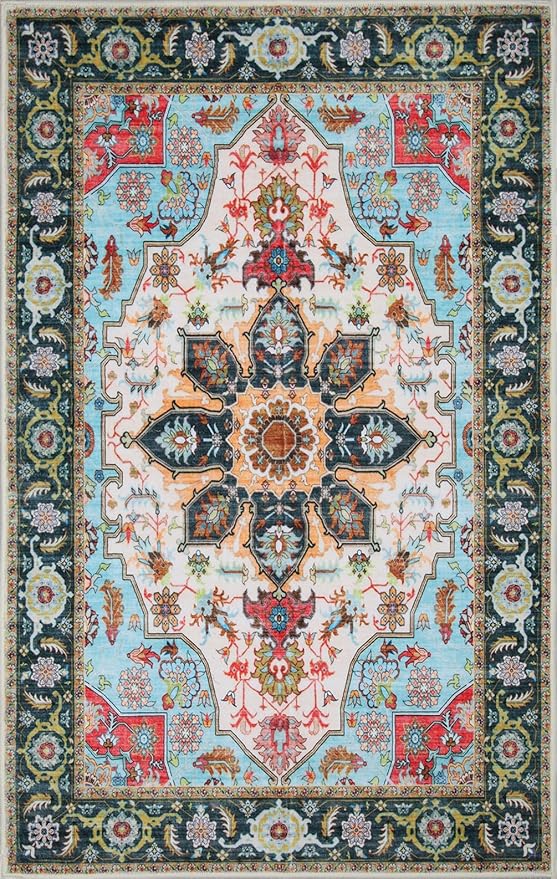 WILLSUN Washable Area Rugs, 5x7 Non-Slip Boho Large Area Rugs for Living Room, Bedroom, Machine Washable Vintage Rug, Indoor Floral Print Carpet for Home Decor, Kid & Pet Friendly Mat