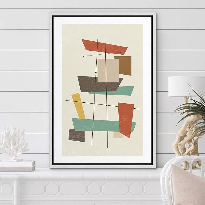Woodrose Framed Canvas Print Wall Art Geometric Vintage Colorful Block Abstract Shapes Illustrations Modern Minimalist Chic Relax/Calm Multicolor for Living Room, Bedroom, Office - 16"x24" White