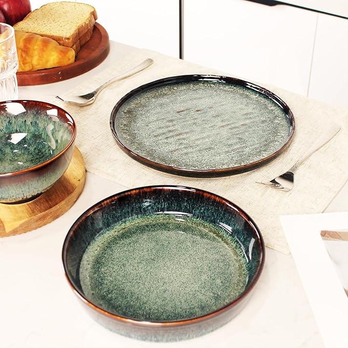 Dinner Set 12 Pieces - Round Reactive Glaze Tableware - Kitchen Dinnerware Porcelain Crockery with Dinner Plate, Bowl and Soup Plate Service for 4, Microwave Dishwasher Safe, Set (No.4)