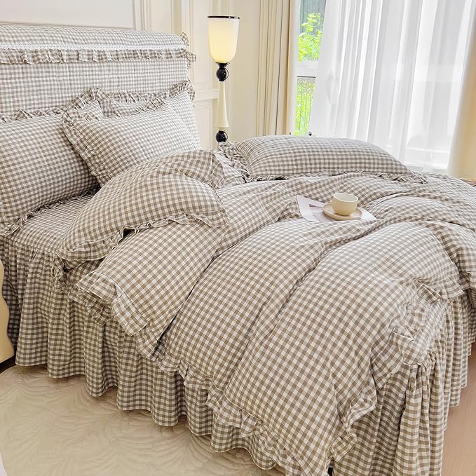 mixinni Tan Gingham Ruffle Duvet Cover Full Size 3 Pieces – 100% Washed Cotton, Vintage Plaid Ruffled Bedding Set with Zipper Ties, Soft Cream Checkered Grid Farmhouse Chic Comforter Cover Set