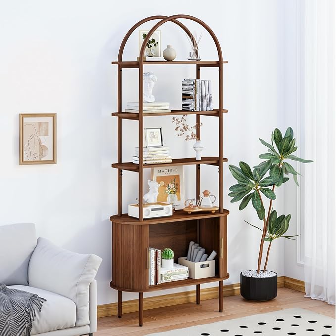 71" Tall Arched Bookshelf with Storage Cabinet, Mid Century Modern Bookcase Cabinet, Curved Frame Bookcase, Industrial Storage Display Shelving for Living Room, Bedroom, Home Office (Walnut Brown)