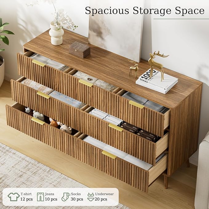 LYNSOM 55" Wide Fluted Dresser for Bedroom with 7 Drawer, Modern Chest of Drawers with Curved Profile Design and Metal Handles, Wood Dresser TV Stand & Storage Organizer for Living Room, Walnut