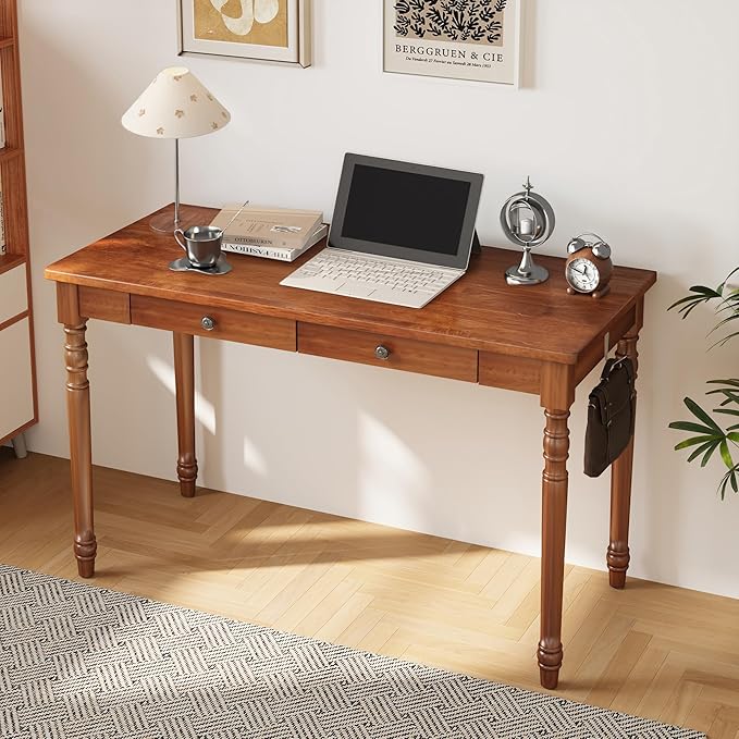 47 x 22 Inch Wooden Desk with Drawers -Simple Mid Century Modern Desk with 2 Hooks, Solid Rubber Wood Study Table for Living Room, Bedroom & Home Office, Walnut Color