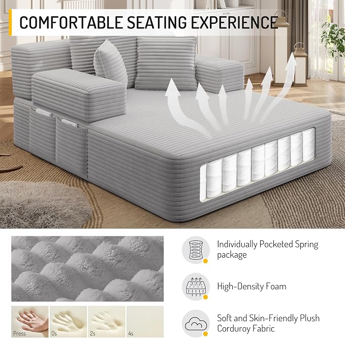 48.5" Oversized Chaise Lounge Chair Indoor, 3-in-1 Convertible Sleeper Sofa Bed, Plush Corduroy Boneless Chaise with 3 Pillows & Side Pockets, Adjustable Back/Armrest for Living Room - Light Grey